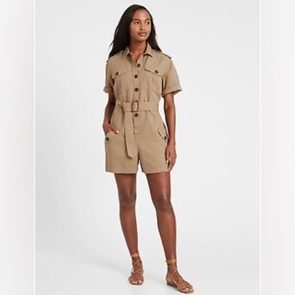 BR Limited Edition Khaki Utility Safari Romper Cotton Linen Jumpsuit, Size 12 - Picture 1 of 15